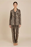Luxury Viscose Leopar Desenli Kadın Uzun Kollu Pijama Takımı – 42577