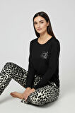 Üstü Yazılı Altı Leopar Desenli Elite Viscose Pijama Takımı Uzun Siyah 3551