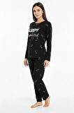 Sleepy Yazılı Elite Viscose Pijama Takımı Uzun Siyah 3552