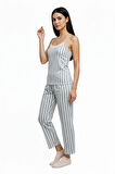 Kadın Rahat Ev & Uyku Pijama Takımı Gri Çizgili Desen
