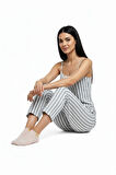 Kadın Rahat Ev & Uyku Pijama Takımı Gri Çizgili Desen