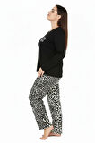 Üstü Yazılı Altı Leopar Desenli Elite Viscose Uzun Büyük Beden Pijama Takımı Siyah 3588