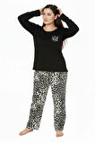 Üstü Yazılı Altı Leopar Desenli Elite Viscose Uzun Büyük Beden Pijama Takımı Siyah 3588