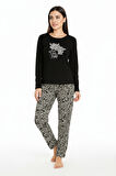 Üstü Yazılı Altı Desenli Elite Viscose Uzun Pijama Takımı Siyah 3557