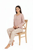 Üstü Yazılı Altı Çiçek Desenli Elite Viscose Uzun Pijama Takımı Pudra 3564