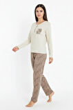 Üstü Puantiyeli Altı Çizgi Desenli Elite Viscose Uzun Pijama Takımı Krem 3569
