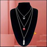 Albatros Kuşu & Kırmızı Turkuaz Doğal Taş Kadın Çoklu  Kolye