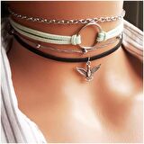Su Yeşili & Siyah Renk Süet Kadın Albatros Kuşu & Round Dörtlü Choker Kolye