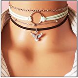 Su Yeşili & Siyah Renk Süet Kadın Albatros Kuşu & Round Dörtlü Choker Kolye
