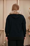 Kapşonu Kürklü Büyük Beden Siyah Sweatshirt