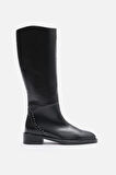 BESTYLE Rider Series Uzun Siyah Gerçek  Deri Fermuarlı Baldır Lastikli  Çizme