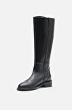 BESTYLE Rider Series Uzun Siyah Gerçek  Deri Fermuarlı Baldır Lastikli  Çizme