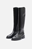 BESTYLE Rider Series Uzun Siyah Gerçek  Deri Fermuarlı Baldır Lastikli  Çizme