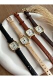 Bs Stıll Minimal Vintage Kadın Kol Saati Retro Quartz Deri Kordon Minik Kare