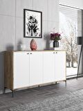 Wood'n Love Hestia 4 Kapaklı Metal Ayaklı 160 Cm Çok Amaçlı Dolap Konsol - Atlantik Çam - Beyaz / Siyah