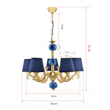 BEŞ  KOLLU ZAMAK AVİZE GOLD MAVİ ÇİNİLİ MAVİ ŞAPKALI