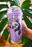 Sevimli Panda Temalı Çift Katman 450 ml Suluk Pipetli Mika Matara Mor 2770