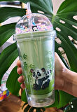 Sevimli Panda Temalı Çift Katman 450ml Suluk Pipetli Mika Matara Yeşil 2770