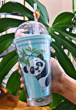 Sevimli Panda Temalı Çift Katman 450ml Suluk Pipetli Mika Matara Mavi 2770