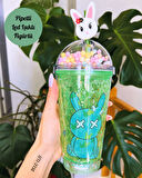 Pipetli Suluk Tavşan Led Işıklı Buzlu Görünümlü 450 ML Çift Katman Mika Su Şişesi  2087 Yeşil