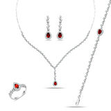 925 Ayar Gümüş Pırlanta Montür Kırmızı Damla Salkım Su Yolu Set