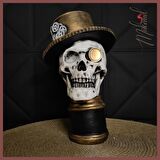 Steampunk Kafatası Heykeli–Dişli Süslemeli Şapka ve Monokl ile -Gotik Dekor-Mükemel orijinal tasarım