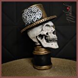 Steampunk Kafatası Heykeli–Dişli Süslemeli Şapka ve Monokl ile -Gotik Dekor-Mükemel orijinal tasarım