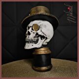 Steampunk Kafatası Heykeli–Dişli Süslemeli Şapka ve Monokl ile -Gotik Dekor-Mükemel orijinal tasarım