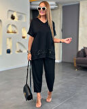 Kadın Kısa Kollu V Yakalı Pul Payetli Viskon Iki Iplik Bluz Ve Pantolon Ikili Takım