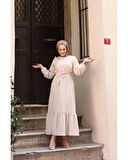 Krep Kumaş Omuz Fırfırlı Elbise Ekru-761