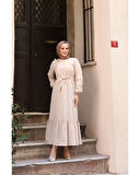 Krep Kumaş Omuz Fırfırlı Elbise Ekru-761