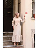 Krep Kumaş Omuz Fırfırlı Elbise Ekru-761