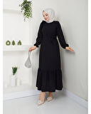 Krep Kumaş Omuz Fırfırlı Elbise Siyah