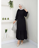 Krep Kumaş Omuz Fırfırlı Elbise Siyah