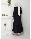 Krep Kumaş Omuz Fırfırlı Elbise Siyah