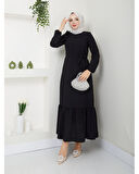 Krep Kumaş Omuz Fırfırlı Elbise Siyah