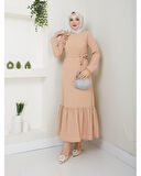 Krep Kumaş Omuz Fırfırlı Elbise Somon