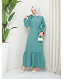 Krep Kumaş Omuz Fırfırlı Elbise Yeşil-758