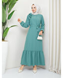 Krep Kumaş Omuz Fırfırlı Elbise Yeşil-758