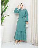 Krep Kumaş Omuz Fırfırlı Elbise Yeşil-758