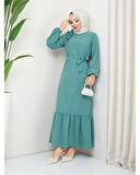 Krep Kumaş Omuz Fırfırlı Elbise Yeşil-758