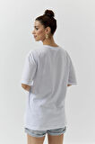 Baskılı Kısa Kollu Oversize Pamuk Beyaz Kadın Tshirt