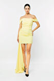 Kayık Yaka Kuyruklu Mini Elbise-Sarı-40