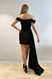 Kayık Yaka Kuyruklu Mini Elbise-Siyah-40