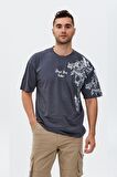 Angel Has Fallen Tek Omzu Melek Baskılı Oversize Tişört-Lacivert-XL