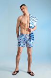 Çiçek Desenli Hawaii Deniz Şortu-Mavi-M