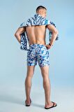 Çiçek Desenli Hawaii Deniz Şortu-Mavi-M