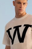 W Logolu Oversize File Triko Tişört-Bej-XL