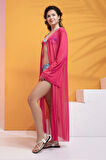 Likralı Tülden Volanlı Kimono Kaftan-Fuşya-M