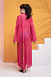 Likralı Tülden Volanlı Kimono Kaftan-Fuşya-M